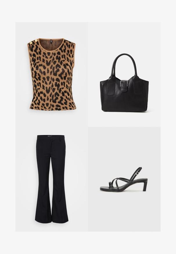 Tan ermeløs strikket topp med svart leopardmønster, rund halslinning, og to gullknappe-detaler på skulderen.; Gina Tricot Tall RELAXED TROUSERS - Bukse - black; Sorte sandaler med stropper, firkantet tå og lav blokk hæl. Har flere tynne stropper og en justerbar ankelstropp. Laget av glatt lær.; Svart skinn toteveske med jevn tekstur, strukturert form, to håndtak og en fremtredende sølvspenne foran.