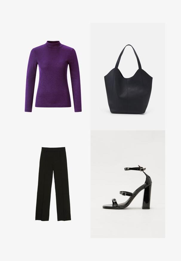 Paarse lange mouw coltrui gemaakt van een textuurstof met glans, met een getailleerd ontwerp en een hoge halslijn.; Zwarte wijde pantalon gemaakt van een soepele stof, met een aansluitende tailleband en subtiele plooien aan de voorkant voor extra textuur.; Zwarte gepatenteerde sandalen met hak en een vierkante neus, enkelbandjes en zilveren gespen. Heeft een stevige blokhak voor stabiliteit.; Zwarte tote tas van glad leer, met een gebogen, open bovenkant en twee schouderbanden, en een minimalistisch ontwerp.