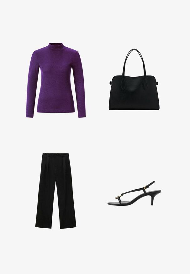 Fialový dlhý rukáv turtleneck top vyrobený z textúrovaného, lesklého materiálu, so priliehavým strihom a vysokým golierom.; Čierne široké nohavice s skladmi, s hladkou textúrou a vysokým pásom. Minimalistický štýl, žiadne viditeľné kovania ani ozdoby.; Čierne kožené sandále na malom podpätku s tenkými pásikmi, zlatou prackou a minimalistickým prstovým pásikom na bielom pozadí.; Čierna kožená kabelka s dvojitými popruhmi na rameno, obdĺžnikový tvar a minimalistický dizajn na bielom pozadí.