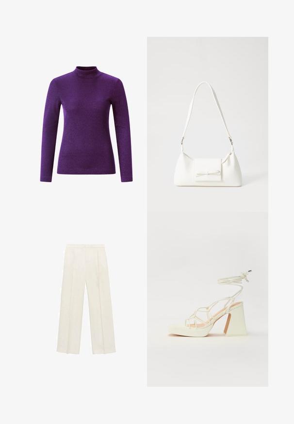 Lila Langarm-Turtleneck-Oberteil aus einem strukturierten, glänzenden Material, das über ein tailliertes Design und einen hohen Halskragen verfügt.; Weit geschnittene Hosen in einem hellen cremefarbenen Farbton. Hergestellt aus einem glatten Stoff mit Falten an der Vorderseite und seitlichen Taschen.; Weiße High-Heel-Sandale mit einem klobigen Absatz, die über ein Riemchendesign und ein Knöchelband verfügt. Glatte Textur mit einer Plattform vorne für zusätzliche Höhe.; Weiße synthetische Handtasche in dreieckiger Form, flache Vorderklappe und Schleifendetail, verstellbarer Trageriemen, glatte Textur und minimalistisches Design.