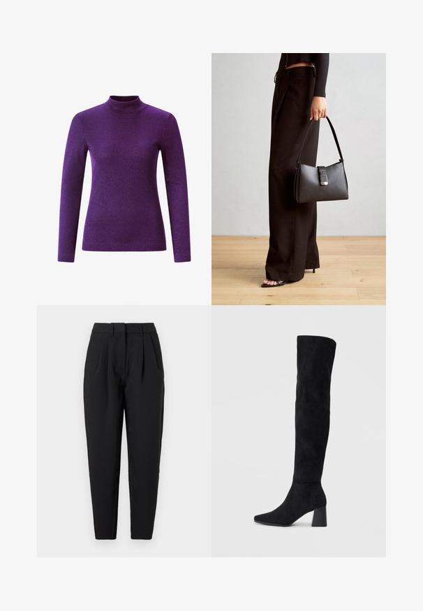 Vijolična dolga majica s turtleneck ovratnikom, izdelana iz teksturiranega, sijočega materiala, s prilegnjenim modelom in visokim ovratnikom.; Črne hlače ravnega kroja, z gubami spredaj, gladko teksturo in stranskimi žepi. Pas je standardne višine.; Črne semiš škornje do kolen z blok peto, s koničastim nosom in gladkim, brezšivnim dizajnom na enostavni svetli podlagi.; Črna torbica z strukturirano obliko, gladko teksturo in kovinskim zaponko. Ujemajo se z širokimi črnimi hlačami in odprtimi sandali na lesenem tleh.