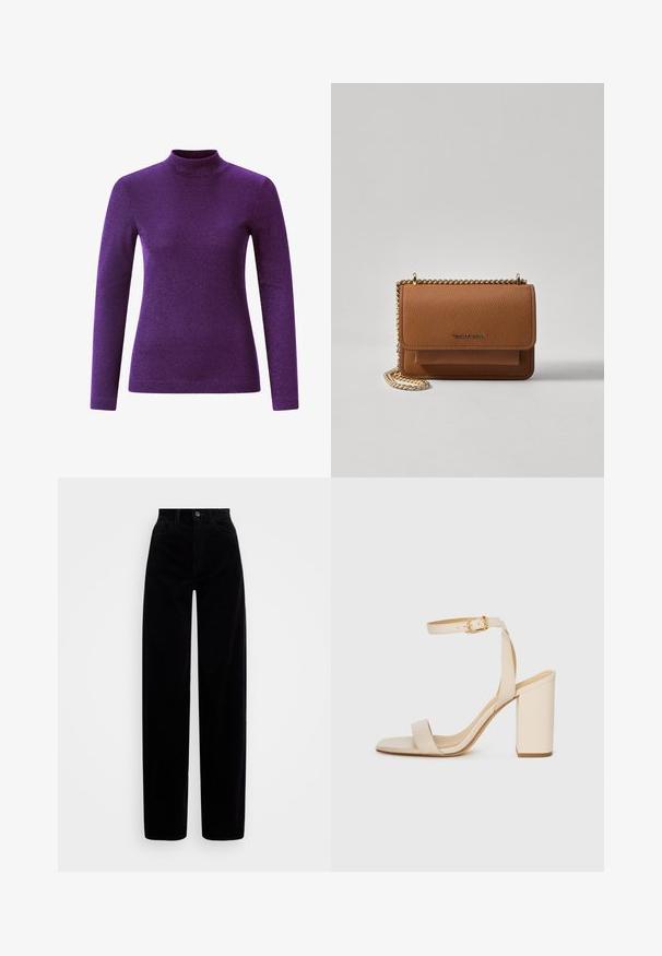 Lilla pikka varrukatega kõrge kaelusega topp, mis on valmistatud struktuursetest ja läikivatest materjalidest ning millel on istuv disain.; Musta volditud puuvillane püksid kõrge vöökoha, laia jala disaini ja ühe esiknöpiga. Sile tekstuur vertikaalsete soontega.; Beez värvi kõrge kontsaga sandaal ruudukujulise varba, peene pahkluu rihma ja plokknupuga. Sile nahk текстuur kuldse pandlaga detailiga.; Pruun tekstureeritud nahk ristkeha kott kuldse ahelaga rihmaga ja klapiga sulgemine. Esiküljel on logo detail ja tasku klapi all.