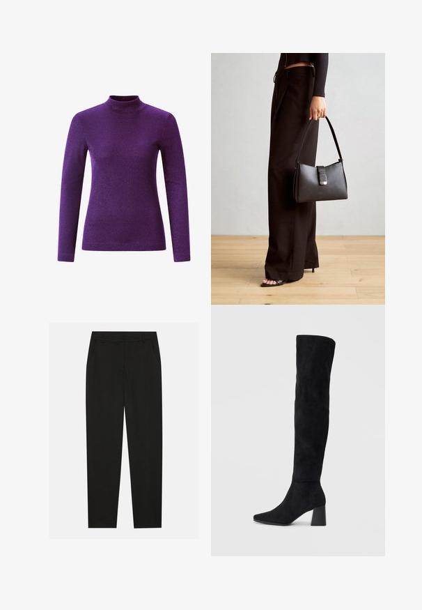 Ljubičasti dugi rukavi turtleneck gornji dio, napravljen od teksturiranog, sjajnog materijala, sa uskim dizajnom i visokim izrezom.; Crne hlače s krojem po mjeri, s bočnim džepovima i ravnim nogavicama. Izrađene od glatkog, laganog materijala s elegantnim završetkom.; Crne antilop čizme do koljena s blok potpeticom, šiljastim prstom i glatkim, bešavnim dizajnom na običnoj svijetloj pozadini.; Crna torba s oblikom koji sadrži strukturu, glađu teksturu i metalnu kopču. Uparena s širokim crnim hlačama i sandalama na otvorenom s drvenog poda.