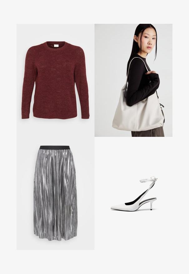 Burgundský pletený svetr s dlouhými rukávy, kulatým výstřihem a otevřenou texturou, se subtilními vzorovými detaily po celé ploše.; Stříbrná skládací sukně vyrobená z metalického materiálu s černým elastickým pasem. Obsahuje vertikální lesklé sklady a délku po lýtka.; Bílé lodičky s špičatou špičkou a s otevřenou patou, opatřené tenkým páskem kolem kotníku. Hladký kožený materiál, tenký jehlový podpatek a černé vnitřní podšívka.; Beige kabelka vyrobená z měkkého materiálu, s volným designem, prošívanými detaily a dvěma ramenními popruhy. Vhodná pro každodenní použití.