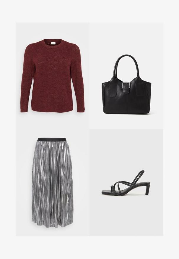 Pulover tricotat burgund cu maneci lungi, gât rotund și textură cu țesătură deschisă, având detalii subtile ale modelului pe toată suprafața.; Fustă plisată argintie realizată dintr-un material metalic, cu o talie elastică neagră. Prezintă pliuri verticale strălucitoare și are o lungime până la jumătatea gambei.; Sandal cu barete negre, cu vârf pătrat și toc mic de bloc. Prezintă mai multe barete subțiri și o bareta ajustabilă la gleznă. Fabricat din piele netedă.; Geantă tote din piele neagră cu textură netedă, formă structurată, două mânere și un detaliu proeminent din aliaj de argint pe partea din față.