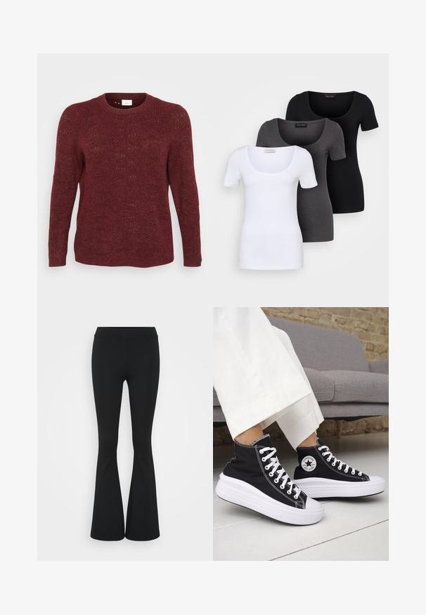 Burgundi spalvos megztinis su ilgomis rankovėmis, apvaliu iškirpimu ir atviru audiniu, su subtiliais raštų akcentais visame megztinyje.; Trys priderinti marškiniai: balti, pilki ir juodi. Kiekvienas turi plačią apvalią iškirptę ir trumpas rankoves. Pagaminti iš lygaus, tamprių audinio.; Juodai platėjantys kelnių, pagamintų iš tamprių medžiagų, kurie turi aukštą juosmenį ir lygią tekstūrą. Kelnės platėja nuo kelio.; Juodi aukštakulniai sportbačiai su baltais guminiu padu ir raišteliais. Ant jų yra apvalus logotipo lopas ir kontrastingos baltos siūlės. Pagaminti iš drobės medžiagos.