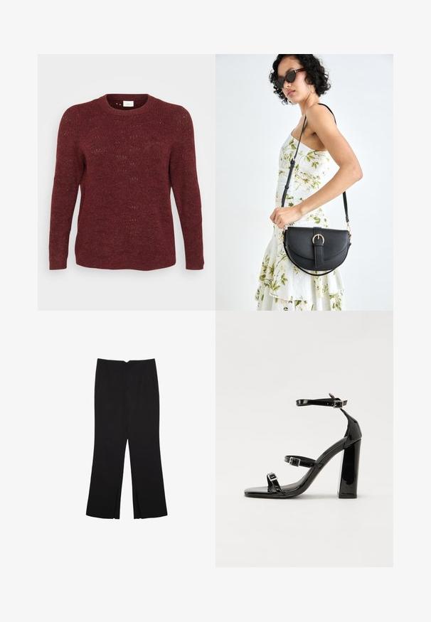 Burgundska pletena dukserica s dugim rukavima, okruglim izrezom i otvorenom teksturom, s suptilnim uzorkom kroz cijelu površinu.; Crne hlače ravnog kroja, s prednjim džepovima i bočnim prorezima na rubu. Izrađene od mekog i glatkog materijala. Pogodne za razne prigode.; Crne lakirane sandale na pete sa kvadratnim nosom, trakama oko gležnja i srebrnim kopčama. Imaju čvrst blok petu za stabilnost.; Crna kožna torba s lukovitim oblikom, odvojivim remenom i zlatnim detaljima. Torba ima preklop s kopčom.