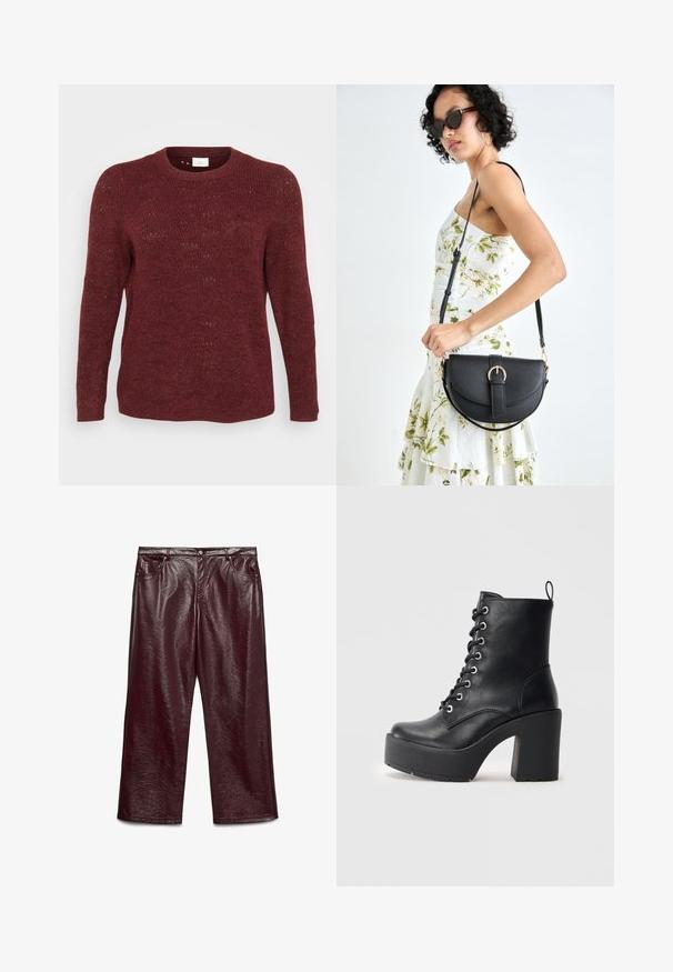 Burgundia kudumü pullover pikade varrukatega, ümar kaelus ja avatud kudumise tekstuur, millel on peened mustrid kogu ulatuses.; Burgundia faux nahkast laiad püksid, millel on läikiv tekstuur, viis taskut ja hõbedased detailid.; Must mustaankelisaapad, millel on paks plokkkonts, paeltega esiosa ja tekstuurpind. Tagaküljel on lihtsaks jalga panemiseks silmus.; Mustmust mustraha kõverate joontega, eemaldatava rihmaga ja kuldsete detailidega. Kotil on klapp, millel on pandladetail.