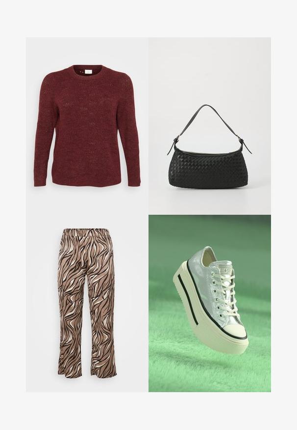 Pulôver de malha bordeaux com mangas longas, decote redondo e textura de trama aberta, apresentando detalhes de padrões subtis por toda a peça.; Calças com padrão de zebra castanho e creme, com um cós elástico, apresentando um design de perna larga e uma textura de tecido suave.; Sapatilha metálica prateada com sola plataforma, atacadores brancos e detalhes pretos. Apresenta um bico arredondado e uma sola de borracha texturizada.; Bolsa de ombro preta entrelaçada com alça de couro lisa e fecho com zíper. Apresenta uma superfície texturizada e forma curvada.