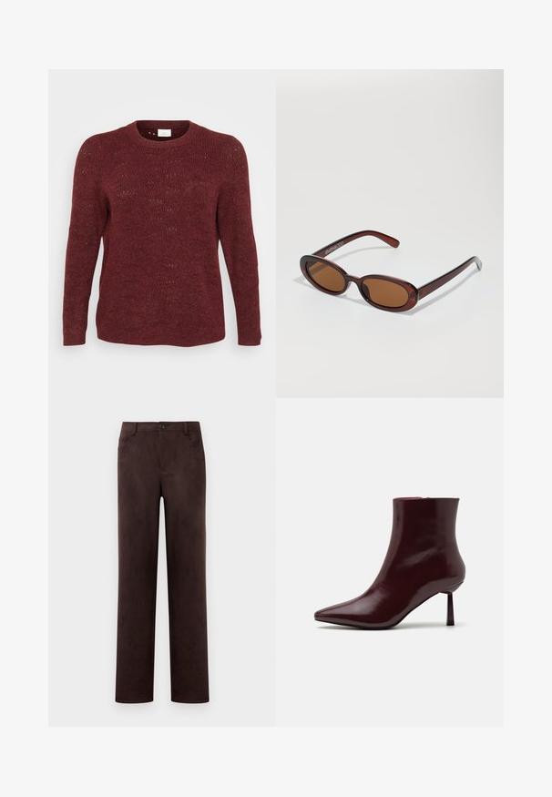 Burgundi spalvos megztinis su ilgomis rankovėmis, apvaliu iškirpimu ir atviru audiniu, su subtiliais raštų akcentais visame megztinyje.; Tiesios kojų tamsiai rudos suede kelnės su priekyje esančiu mygtuku ir užtrauktuku, diržo kilputėmis ir šoninėmis kišenėmis.; Burgundiško spalvos patentuotas odos kulkšninis batus su smailiu kojų pirštu ir plonu stiletu kulnu, pasižymintys sklandžia, blizgia tekstūra ir minimalistiniu dizainu.; APvalūs, rudos spalvos saulės akiniai su blizgia burgundinės spalvos rėmeliu. Plonos šakutės su subtiliu ženklinimu. Lygus objektyvo dizainas.; Austis raudonas pintas rankinės su apvalia forma ir viena rankena, kuri turi tekstūruotą paviršių ir elastingą raištelį.