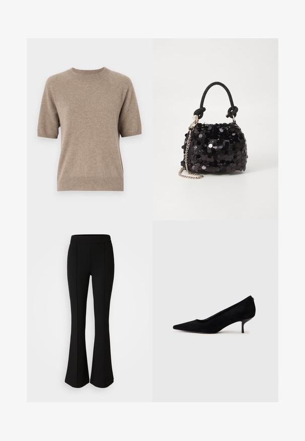Pletený sveter s krátkym rukávom v svetlom béžovom odtieni, vyrobený z mäkkej, textúrovanej tkaniny. Obsahuje okrúhly výstrih a rebrované manžety a spodný lem. Neformálny dizajn.; Čierne rozšírené nohavice vyrobené z elastického materiálu s hladkou textúrou, so švovými detailmi pozdĺž prednej časti pre zvýraznenie dizajnu.; Čierne semišové lodičky s špicatou špičkou a úzkym, nízkym opätkom. Hladká textura s elegantným dizajnom, bez viditeľných kovových súčiastok.; Čierna mini kabelka so štrasom, s uzlovým textúrovaným popruhom a strieborným reťazom. Guľatý tvar s riaseným vrchom a reflexnými detailmi.