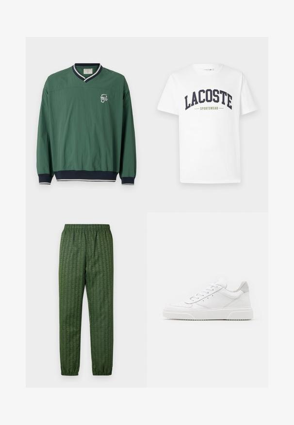 Grön tröja med V-hals, kontrasterande marinblå ribbad krage och elastiska ärmar. Har en liten vit logotyp på bröstet. Lättviktsmaterial.; Vit t-shirt i bomull med en navy och olivgrön "LACOSTE SPORTSWEAR" logotyp tryckt över bröstet i en böjd design.; Gröna mönstrade träningsbyxor med elastisk midja, avsmalnande ben och ett geometriskt mönster genom hela byxorna. Tillverkade av lätt material.; Vita lädersneakers med en slät yta, rund tå, platta snören och en texturerad sula. Grå mockadetalj vid hälen.