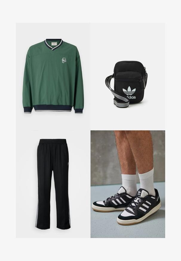 Jersey verde con escote en V, cuello acanalado en contraste azul marino y puños elásticos. Presenta un pequeño logo blanco en el pecho. Tejido ligero.; Pantalones deportivos negros con cintura elástica, que presentan rayas laterales blancas y un pequeño logotipo. El material parece suave y ligero.; Zapatillas en blanco y negro con parte superior de ante y cuero, que presentan tres franjas blancas, una puntera perforada y una suela de goma.; Bolso cruzado de tela negra con cierre de cremallera, que presenta un logo blanco de Adidas y una correa ajustable a rayas para un fácil transporte.