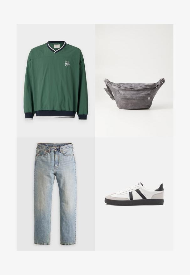 Pullover verde con scollo a V, colletto a costine blu navy a contrasto e polsini elastici. Presenta un piccolo logo bianco sul petto. Tessuto leggero.; Jeans in denim azzurro chiaro con vita alta, bottone anteriore, cerniera e design a cinque tasche, adagiati su uno sfondo neutro.; Sneaker bianco con accenti neri e grigi, dotata di una punta grigia testurizzata, suola in gomma nera e lacci bianchi piatti. Design pulito, stile minimalista.; Fanny pack in suede grigio con forma arrotondata, due scomparti con cerniera e tracolla regolabile. Presenta dettagli in metallo.