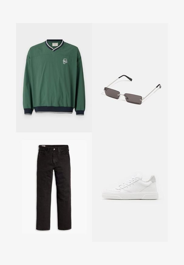 Zöld pulóver póló V nyakú fazonnal, kontrasztos tengerészkék bordás gallérral és elasztikus mandzsettákkal. Kis fehér logó található a mellkasán. Könnyű anyag.; Fekete egyenes szárú farmernadrág öt zsebbel, gombos záródással és övhurkokkal, fehér háttéren elhelyezve.; Fehér bőr sportcipő sima felülettel, kerek orral, lapos fűzőkkel és textúrált talppal. Szürke velúr díszítés a saroknál.; Napszemüveg téglalap alakú, sötétszürke lencsékkel, ezüstszínű fémkerettel és fekete műanyag végű szárakkal. Könnyű kivitel, orrpárnákkal.