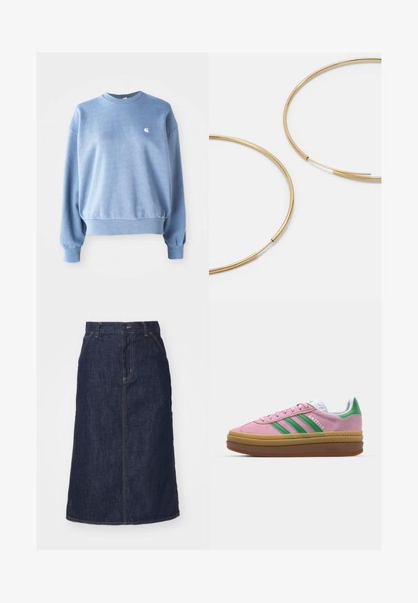 Vaaleansininen pyöreäkraavinen collegepaita, joka on valmistettu pehmeästä kankaasta. Paidan hihansuissa ja helman reunassa on ribbipesut, ja rinnassa on pieni valkoinen logo.; Tummansininen farkkuhame, jossa on korkea vyötärö, suora leikkaus, etutaskut ja ommellut saumat. Hameessa on vetoketju- ja nappikiinnitys vyötäröllä.; Vaaleanpunaiset mokkanahkakengät, joissa on vihreät raidat, valkoiset yksityiskohdat ja ruskea kumipohja. Sisältää tekstuurillista kangasta ja logoyksityiskohtia sivulla.; Kultaiset rengaskorvakorut, ohuet ja pyöreät, joissa on sileä metallipinta ilman koristeluja tai kuvioita.