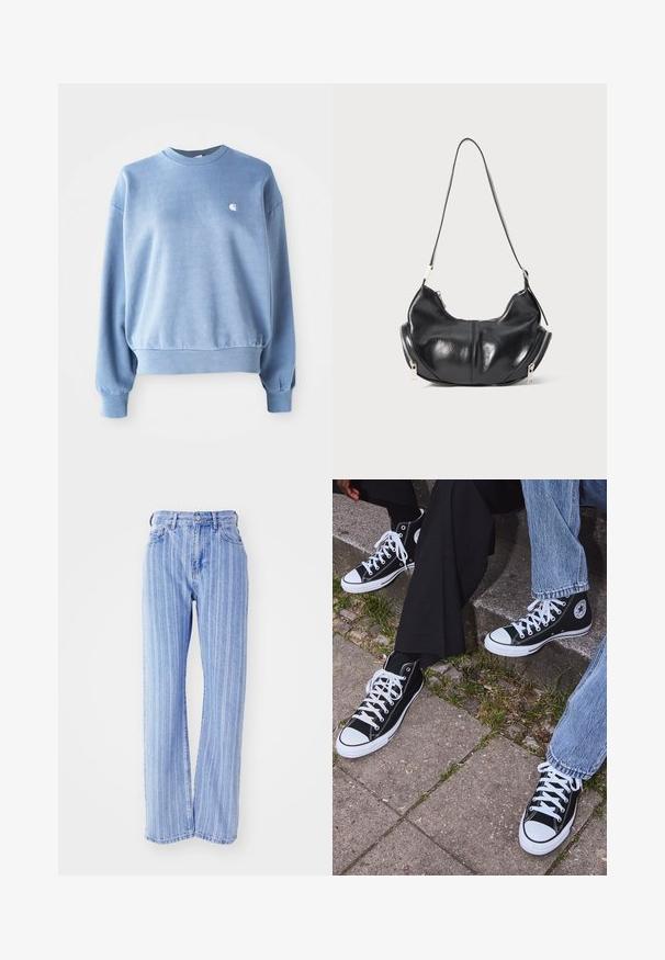 Light blue crewneck sweatshirt made of soft fabric, featuring ribbed cuffs and hem, with a small white logo on the chest.; Light blue denim jeans with vertical white stripes, high waist, loose fit, five pockets, and a button-fly closure.; Black high-top canvas sneakers with white rubber soles and laces, featuring a circular logo on the side and paired with denim and black pants.; Black leather crescent-shaped shoulder bag with silver zippers on both sides and a single strap.