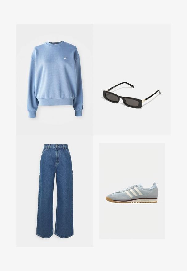 Sweatshirt azul claro de corte redondo, feito de um tecido suave, apresentando punhos e bainha canelados, com um pequeno logotipo branco no peito.; Calças de ganga azuis de perna larga com cintura alta, costuras em contraste e bolsos laterais, apresentando um design clássico de cinco bolsos e bainhas desfiadas.; Sneakers de camurça azul claro com três riscas brancas, sola de borracha e malha texturizada. Apresenta uma biqueira lisa e marca no calcanhar.; Óculos de sol retangulares pretos com lentes escuras, armações de plástico brilhante e detalhes em dourado nas templetas. Design minimalista e forma elegante.