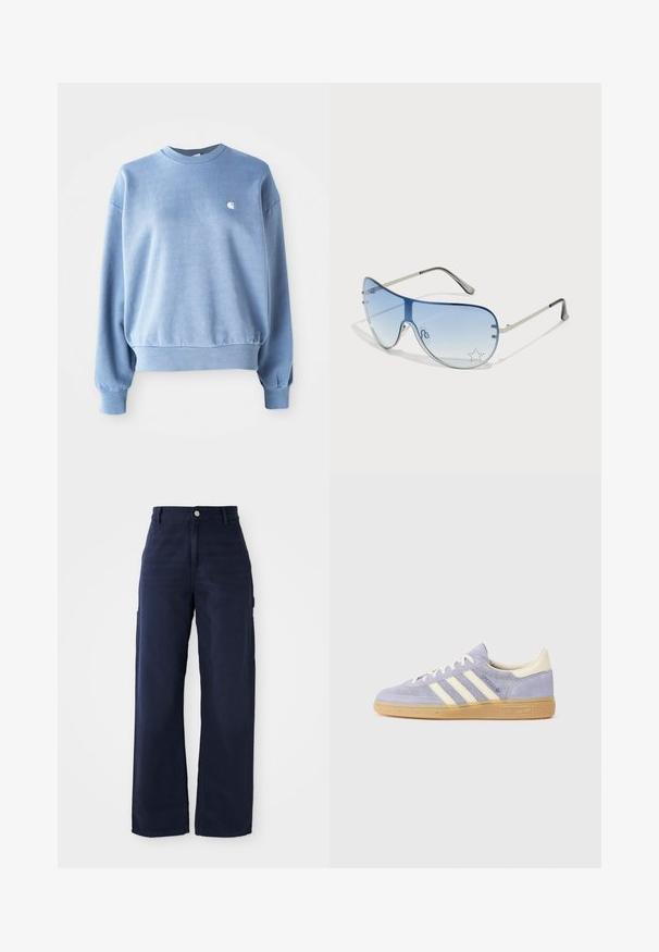 Felpa azzurra a girocollo realizzata in tessuto morbido, con polsini e orlo a costine, e un piccolo logo bianco sul petto.; Pantaloni cargo a gamba larga blu navy in un robusto tessuto di cotone, con tasche laterali e chiusura con bottone in vita.; Sneaker in suede viola con tre strisce bianche, suola in gomma e dettagli crema sul tallone e sulla linguetta. Design minimalista con logo.; Occhiali da sole aviator con lenti blu sfumate, montatura in metallo argentato e decorazioni a forma di stella sulle lenti. Design liscio e sofisticato.