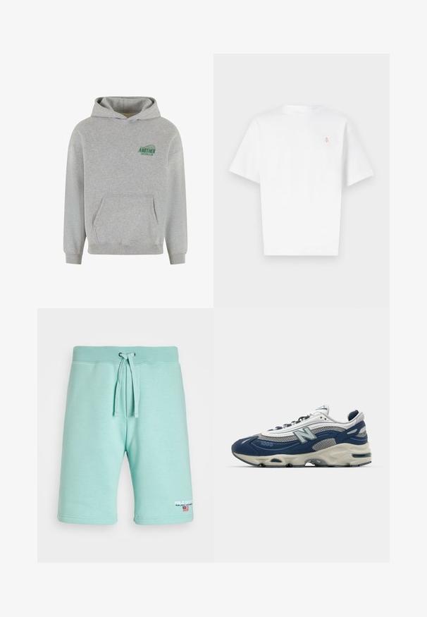 Šedá bavlněná mikina s klokaní kapsou vpředu, žebrovanými manžetami a lemem, a zeleným logem "ANOTHER COTTON LAB" na levé hrudi.; Bílá bavlněná tričko s krátkým rukávem, kulatým výstřihem a malým oranžovým logem na hrudi. Hladká textura, standardní střih.; Světle modré bavlněné kraťasy s elastickým pasem, stahovací šňůrkou a logem na levé nohavici. Hladká textura a upravený střih.; Tenisky New Balance 1000 v námořnické modři a šedé síťovině, s odpruženou podrážkou, texturovanými detaily a výrazným logem na boku.