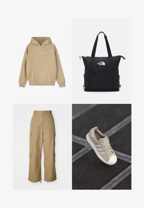 Sweatshirt bege com capuz feito de material semelhante ao algodão. Apresenta um bolso frontal tipo canguru e o logótipo branco "PEGADOR" no peito.; Calças cargo bege com uma cintura alta, pernas largas e quatro grandes bolsos laterais. Feitas de um tecido resistente com uma textura suave e minimalista.; Sapatilha Adidas Superstar bege com parte superior em couro texturizado, três riscas laterais, biqueira redonda e logotipo na língua e no calcanhar.; Saco tote preto com design acolchoado, fecho em zíper superior, duas alças curtas e logotipo na frente; possui bolsos laterais e alças ajustáveis.