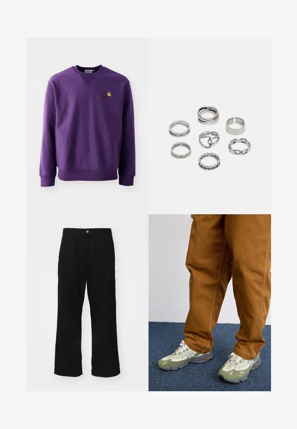 Il maglione a girocollo viola presenta una texture morbida, polsini a coste e un piccolo logo ricamato in giallo e bordeaux sul petto.; Pantaloni neri a gamba larga realizzati in tessuto misto cotone, con chiusura a bottone e taglio dritto con cuciture minime visibili.; Scarpe sportive verde chiaro e grigie con materiali in rete e sintetici, dotate di lacci bianchi e testo "1000" sul lato. Pantaloni marroni con cuciture bianche.; Set di sette anelli in argento con diversi design, tra cui motivi attorcigliati, collegati e incisi. Diverse forme e larghezze.