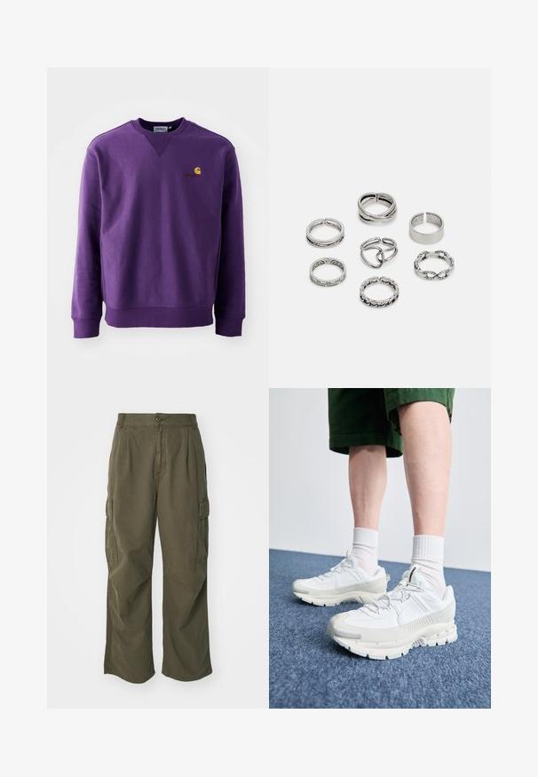 Purple crewneck sweatshirt features a soft texture, ribbed cuffs, and a small embroidered logo in yellow and burgundy on the chest.; Cargo pants in olive green, made of cotton, with a wide leg design, pleats, and side pockets for utility.; White athletic shoes with textured overlays, a chunky sole, and gray accents. Worn with white crew socks and green shorts on a blue surface.; Set of seven silver rings featuring various designs, including twisted, linked, and engraved patterns. Different shapes and widths.