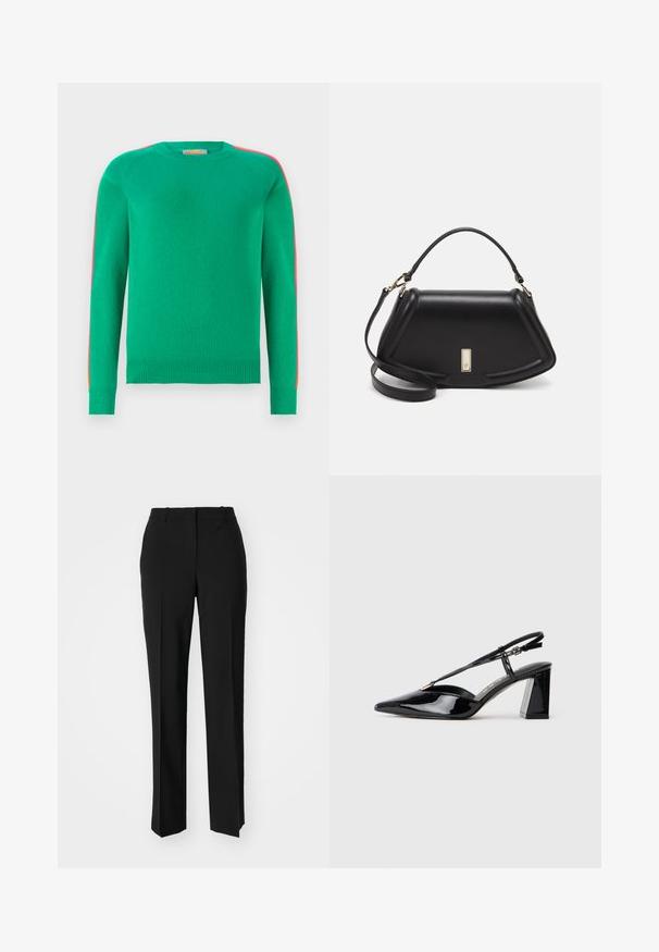 FROM FUTURE BANDE MULTICOLORE AUX MANCHES - Maglione - tropical green; Pantaloni neri su misura con un design a gamba dritta, caratterizzati da una texture liscia e pieghe ben definite sul davanti. Senza hardware visibile.; Scarpe con tacco alto in vernice nera, con punta appuntita, cinturino regolabile e tacco rettangolare chunky.; Borsa a mano in pelle nera con un design strutturato, caratterizzata da una forma corta, manico superiore e accessori in metallo dorato. Inclusa tracolla regolabile.