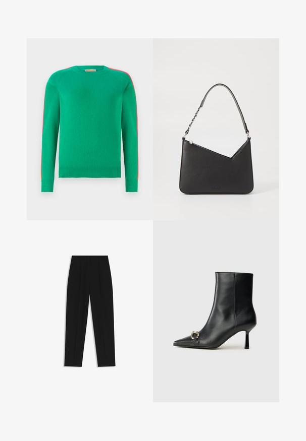 FROM FUTURE BANDE MULTICOLORE AUX MANCHES - Strickpullover - tropical green; Schwarze Hose mit geradem Schnitt, doppelten Falten, einer glatten Textur und einem klassischen Bunddesign. Keine sichtbaren Beschläge oder Akzente.; Schwarze Leder-Stiefelette mit spitzer Zehe, schlankem, mittelhohem Absatz und silberner Schnalle seitlich vor einem schlichten Hintergrund.; Schwarze Lederhandtasche in dreieckiger Form, mit schmalem Tragegurt und silbernem Zubehör. Sie verfügt über einen Reißverschluss und ein geprägtes Logo auf der Vorderseite.