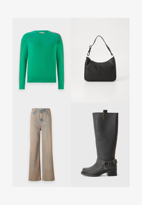 FROM FUTURE BANDE MULTICOLORE AUX MANCHES - Džemper - tropical green; Heled pesu laiad püksid kõrge taljega, valmistatud denimist. Omavad peent õmblust ja viit taskut ning neil on veidi kulunud tekstuur.; Mustast nahkast kuni põlvede kõrgune saabas tekstureeritud viimistlusega, külgedel on pandlaaktsent ja madal konts. Õmbluste juures on detailne tikand.; Must musta käekott, millel on kumer kuju, üks rihm, lukuga sulgemine ja peen brändimine esiküljel. Sile tekstuur, minimalistlik disain.