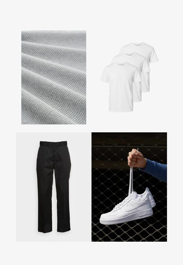TOM TAILOR Strickpullover - grey heather melange; Weiße Baumwoll-T-Shirts im Rundhalsdesign mit kurzen Ärmeln und normaler Passform. Drei T-Shirts sind in einer Reihe angeordnet.; Schwarze Hose aus einem glatten Stoff, mit einem geraden Bein Design, Gürtelschlaufen und zwei Seiten Taschen. Klassischer Look ohne Verzierungen.; Weiße Leder-Sneaker mit Perforationen, runder Zehenpartie, flacher Sohle und dicken Schnürsenkeln, mit sichtbar eingesticktem Swoosh-Logo und "AIR" an der Ferse.