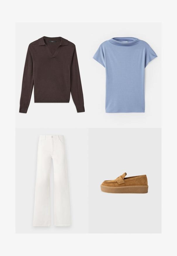 Dark brown long-sleeve pullover with a V-neck and collar. Made of soft material, featuring ribbed cuffs and a straight hem. Simple design.; Light blue short-sleeve top made from soft fabric. Features a scoop neck design and a loose fit, with clean hems and no patterns.; White, high-waisted wide-leg jeans made of denim. Features a button closure, two front pockets, and side seams with stitching details.; Brown suede loafer with a round toe, featuring a ribbed platform sole and a decorative strap across the upper.