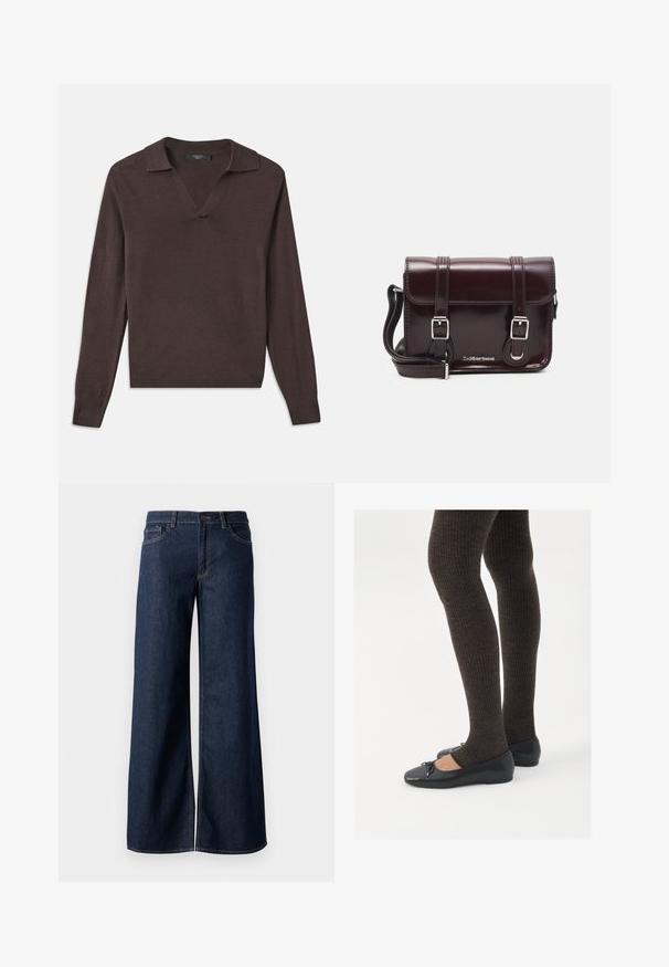Pull-over long à manches longues marron foncé avec un col en V et un col. Fabriqué en matériau doux, avec des poignets côtelés et un ourlet droit. Design simple.; Jean large en denim bleu foncé. Présente des coutures contrastées, cinq poches et une fermeture par bouton à la taille. Texture lisse.; Chaussures plates noires avec un petit nœud au niveau des orteils, associées à des collants côtelés marron foncé. Les chaussures ont une texture lisse et un profil bas.; Sac à bandoulière en cuir verni bordeaux, de forme rectangulaire, avec deux bandoulières, des accessoires en argent et une fermeture à rabat.