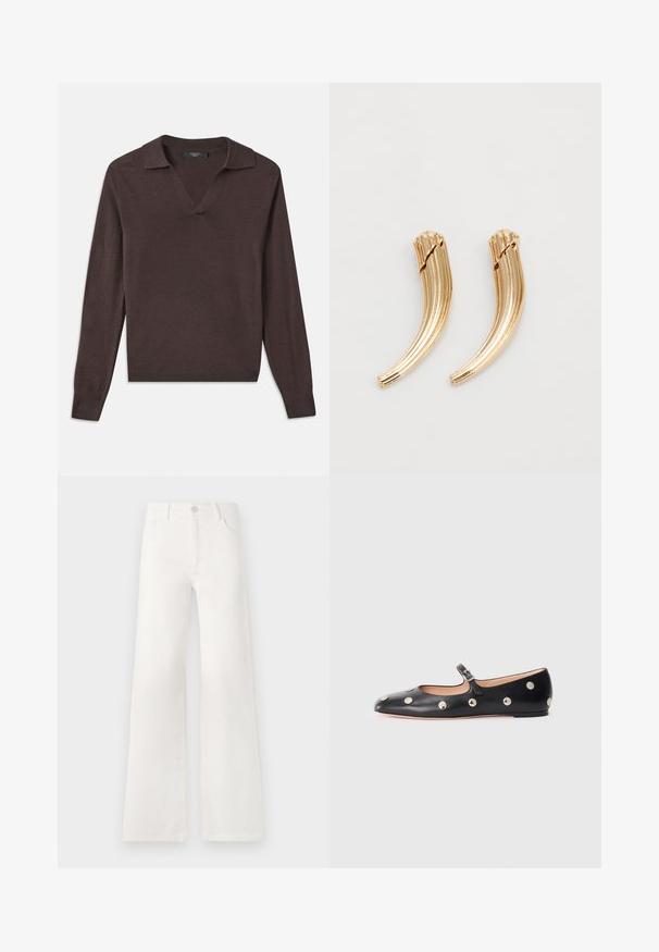 Pull-over long à manches longues marron foncé avec un col en V et un col. Fabriqué en matériau doux, avec des poignets côtelés et un ourlet droit. Design simple.; Jean large blanc taille haute en denim. Se ferme par un bouton, dispose de deux poches avant et de coutures détaillées sur les côtés.; Chaussure plate en cuir noir type Mary Jane avec un bout arrondi, ornée de clous ronds en argent et dotée d'une sangle réglable avec une boucle.; Pince à cheveux en métal doré avec un design incurvé et strié. Texture lisse avec une finition polie et des bouts arrondis. Deux pièces présentées.