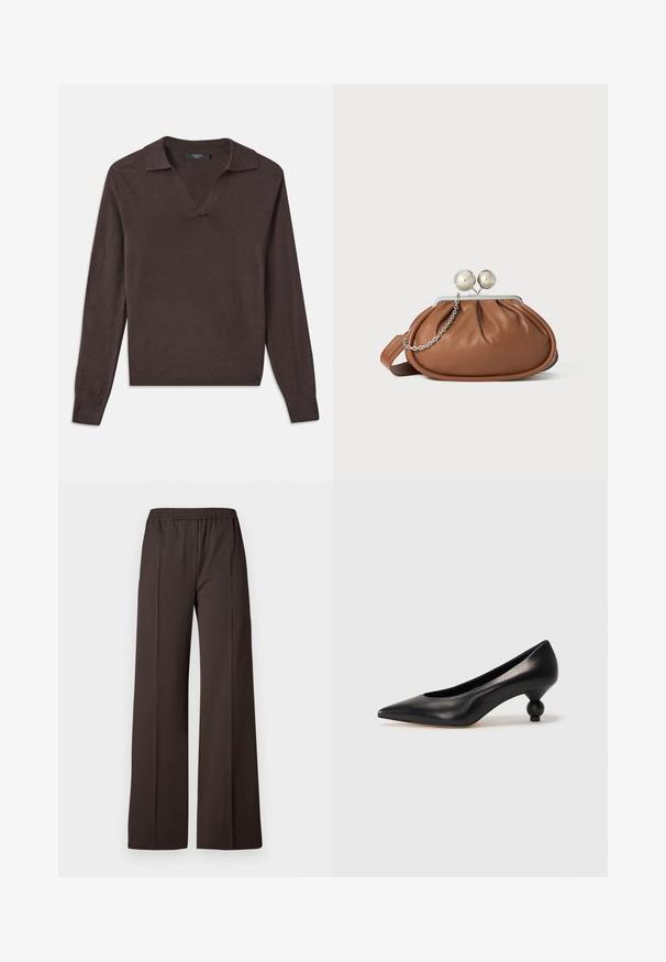 Tmavě hnědý svetr s dlouhým rukávem, výstřihem do V a límečkem. Vyroben z měkkého materiálu, s žebrovanými lemy na rukávech a rovnými okraji. Jednoduchý design.; Široké kalhoty z tmavě hnědé tkaniny s elastickým pasem, charakterizované hladkým povrchem a čistými liniemi pro dobře padnoucí vzhled.; Černá kožená vysoká bota na podpatku s špičatou špičkou a kulatým, zaobleným podpatkem. Hladká textura s elegantním, minimalistickým designem.; Hnědá kožená psaníčko s stříbrným kulatým uzávěrem a malým stříbrným řetízkem na bílém pozadí.