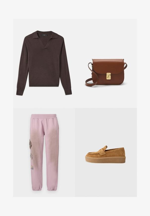 Dunkelbrauner Pullover mit langen Ärmeln, V-Ausschnitt und Kragen. Aus weichem Material gefertigt, mit gerippten Bündchen und geradem Saum. Schlichtes Design.; Rosa Sweatpants mit elastischem Bund, verziert mit dekorativen Patches in Diamantform auf der linken Seite und elastischen Bündchen an den Knöcheln.; Brauner Wildleder-Loafer mit runder Zehenform, ausgestattet mit einer gerippten Plattformsohle und einem dekorativen Riemen über dem Obermaterial.; Braune Ledertasche mit Klappenverschluss, Beschlägen in Goldfarbe, einem Schultergurt und einer glatten Oberfläche. Kompakte rechteckige Form.