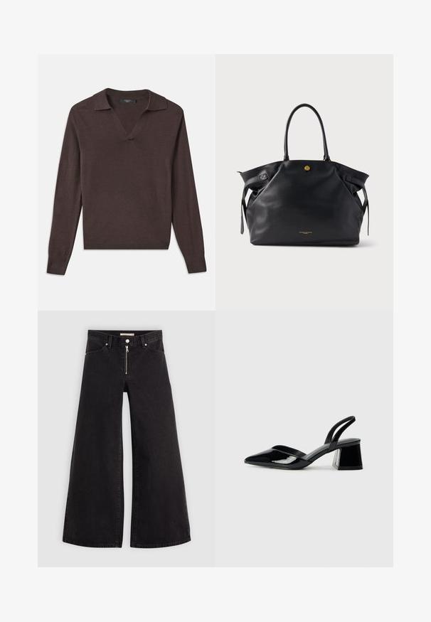 Temno rjav pulover z dolgimi rokavi, z V-izrezom in ovratnikom. Narejen iz mehkega materiala, z rebrastimi manšetami in ravnim roba. Preprost dizajn.; Široke traperice iz črnega denima z zadrgo spredaj, petimi žepi in diskretnimi šivi. Gladka tekstura in ležeren slog.; Črne lakirane slingback pete s koničastim nosom in geometrijsko blokasto peto. Imajo eleganten, minimalističen dizajn in gladko teksturo.; Črna usnjen torbica z motorno površino, zlato kovinsko opremo in dvema zaobljenima ročajema. Ima varno zapiranje in minimalistično blagovno znamko.