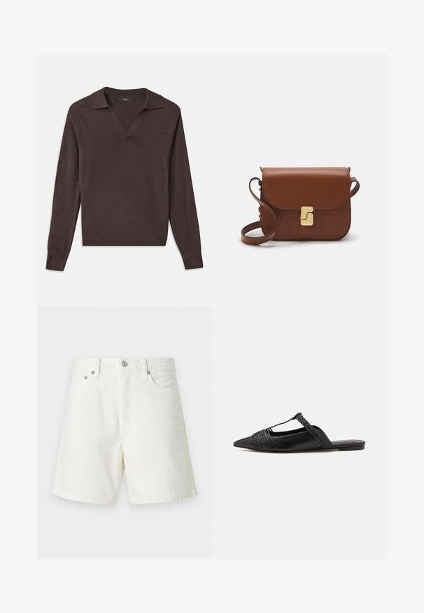 Tumepruun pikki varrukatega pullover, millel on V-kaelus ja krae. Valmistatud pehmest materjalist, ribadega mansettidega ja sirge äärisega. Lihtne disain.; Valged teksashorts sirge lõikega, viie tasku disain, esine nööbiga kinnitamine, hõbedane riistvara ja õmmeldud detailid.; Must kuulsad nahast kandadega kingad, millel on terav nina, koos kootud detaili ja volditud ülaosaga. Lame tald minimaalse riistvaraga.; Pruunist nahast käekott, millel on klapiga sulgur, kuldne riistvara, õlarihm ja sile tekstuur. Kompaktne ristkülikukujuline vorm.