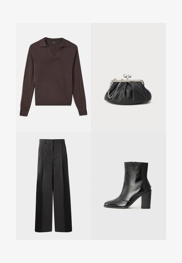 Donkerbruin langemouwen pullover met een V-hals en kraag. Gemaakt van zacht materiaal, met ribbenmanchetten en een rechte zoom. Eenvoudig ontwerp.; Zwarte wijde broek met hoge taille, met voorplooien, een gladde textuur en een nette afwerking. Ontworpen voor een ontspannen pasvorm.; Zwarte leren enkelboot met een gladde textuur, spitse neus en een gedurfde hoge hak. Beschikt over een zijopening en een minimalistisch ontwerp.; Zwarte leren clutch met geplooide textuur, zilverkleurig metalen frame, drukknopsluiting en kettingriem. Glad, zacht oppervlak.