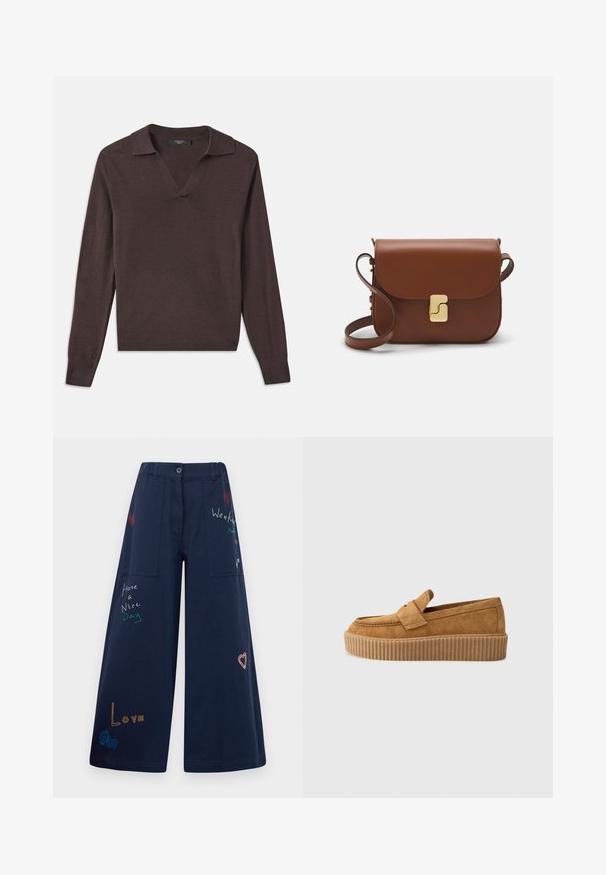Mørkebrun langærmet pullover med V-hals og krave. Fremstillet af blødt materiale og med ribbede manchetter og en lige kant. Simpelt design.; Marineblå vidde bukser i bomuld med flere lommer. Har farverig broderet tekst og grafik inklusive hjerter og legende sætninger.; Brune ruskinds loafers med rund tå, der har en ribbet platformssål og et dekorativt bånd henover overdelen.; Brun læder håndtaske med flaplukning, hardware i gyldent tone, en skulderrem og en glat overflade. Kompakt rektangulær form.
