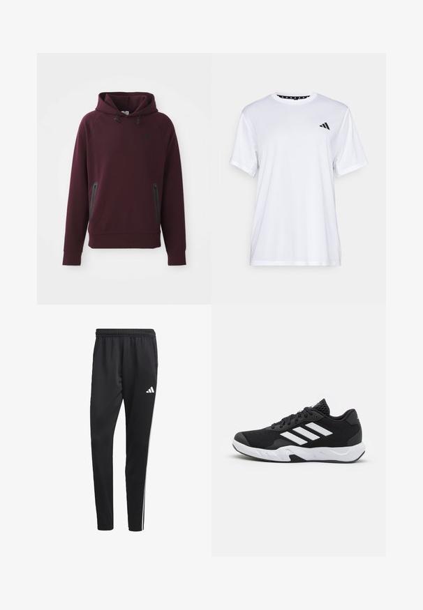 Mørkerød hættetrøje lavet af blødt stof har en kengurulomme med sidelukninger og sorte detaljer. Ribbet manchetter og kant.; Hvid sports t-shirt med korte ærmer, lavet af fugttransporterende stof. Har et sort logo på venstre bryst og en mønstret indvendig halsudskæring.; Sorte træningsbukser med en strækbar talje, hvide sidelameller og et lille hvidt logo på låret. Fremstillet af et glat, let materiale.; Sorte atletiksko med en tekstureret mesh-overdel, hvide accentstriber, en polstret sål og en forstærket hæl for støtte.