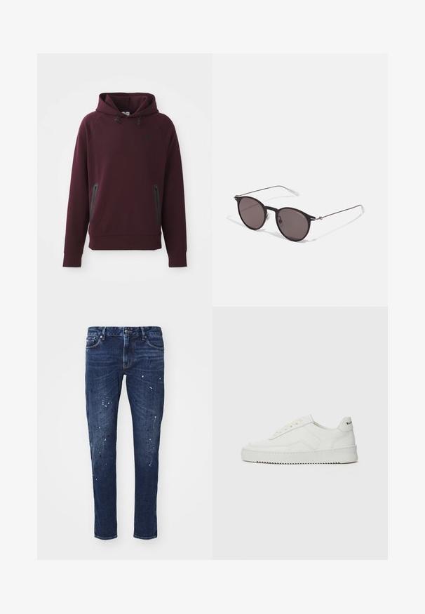 Felpa con cappuccio color bordeaux realizzata in tessuto morbido, presenta una tasca a canguro con zip laterali e dettagli neri. Polsini e orlo a coste.; Jeans in denim blu scuro con vestibilità slim, caratterizzati da schizzi di vernice, cuciture visibili e design classico a cinque tasche. Taglio dritto.; Sneaker in pelle bianca con una finitura liscia, punta rotonda, lacci piatti e suola testurizzata. Presenta un logo discreto sul tallone.; Occhiali da sole neri rotondi con lenti scure e sottili bracci in metallo. Include punte trasparenti e accenti argentati alla cerniera. Design minimalista.