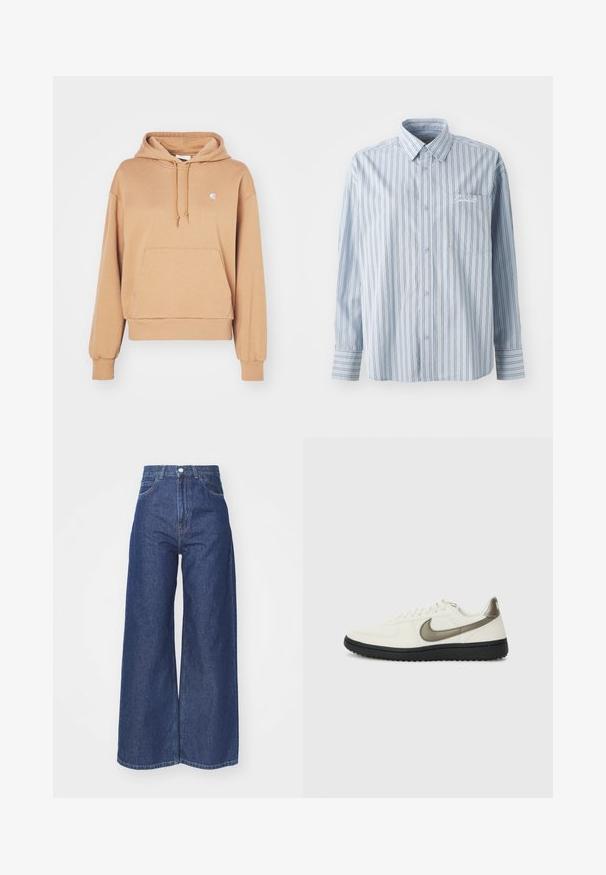 Carhartt WIP HOODED CASEY - Jersey con capucha - peanut/silver; Camisa de botón de manga larga azul claro con rayas verticales blancas y oscuras, y un bolsillo en el pecho delantero que presenta bordado en blanco.; Jeans de pierna ancha hechos de denim azul oscuro. Diseño de altura alta con cremallera y cierre de botón. Cuenta con el estilo clásico de cinco bolsillos y bordes rematados.; Nike Sportswear FIELD GENERAL - Zapatillas - off-white/black