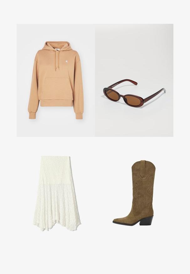 Carhartt WIP HOODED CASEY - Mikina s kapucí - peanut/silver; Bílá krajková sukně s texturovaným vzorem, s asymetrickým lemem a splývavým střihem, vyrobená z lehkého materiálu.; Hnědé semišové cowboy boty do poloviny lýtek se šitými spirálovými vzory, špičatou špičkou, poutkem na obouvání a nakloněným černým hromadným podpatkem.; Kulaté sluneční brýle hnědé barvy s lesklým burgundským rámem. Úzké nožičky s jemným logem. Rovné čočky.