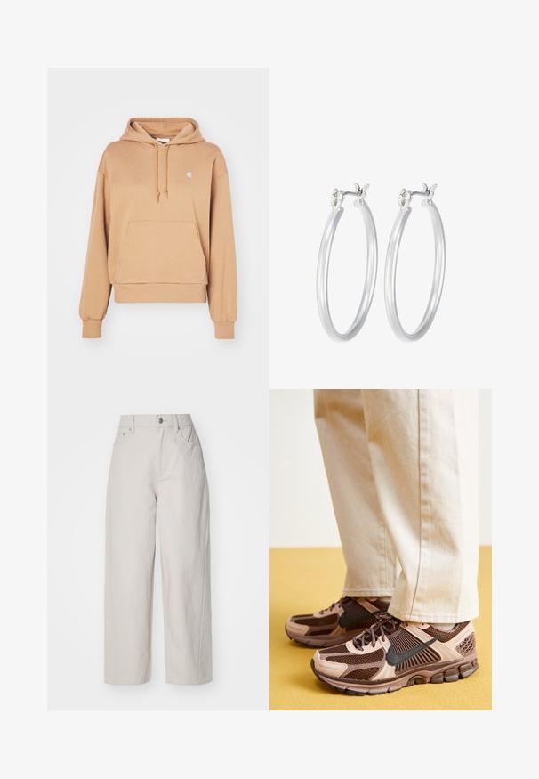 Carhartt WIP CASEY jasny brąz; Beżowe spodnie bawełniane o szerokich nogawkach, z wysokim stanem, zapinane na guzik i zamek, z czterema kieszeniami; gładka tekstura z wykończeniem denimowym.; Sneakers Nike charakteryzują się połączeniem brązowej i jasnoróżowej siateczki oraz gumy, z czarnymi akcentami i teksturowaną podeszwą, zestawione z beżowymi spodniami.; Srebrne kolczyki w formie kółek o gładkim, polerowanym wykończeniu. O okrągłym kształcie i pewnym zapięciu na klik. Lekka konstrukcja odpowiednia do codziennego noszenia.