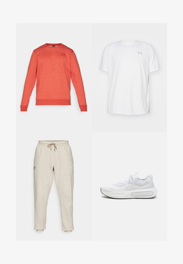 Under Armour ICON FLEECE - Sweatshirt - earthen orange/light heather; Hvid kortærmet sportsbluse lavet af glat stof. Har en rund halsudskæring og et gråt logo på venstre bryst, samt slidser i siderne ved kanten.; Beige sweatpants i blødt, struktureret stof med elastisk talje og snøre. Har et side-logo og tapered ankler for en afslappet pasform.; Hvid atletiksko med et struktureret strikoverdel, snørelukning, polstret sål og et karakteristisk branddetalje på siden.