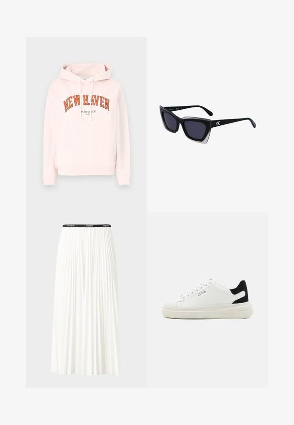 Felpa leggera rosa con cappuccio regolabile. Presenta la scritta "NEW HAVEN" stampata in lettere arancioni in grassetto e "SPORTS CLUB" in testo nero più piccolo sottostante.; Gonna bianca plissettata con elastico nero in vita che presenta il logo "LACOSTE". Design di lunghezza media con texture morbida.; Sneaker bianchi in pelle con suola spessa bianca, accento in suede nero sul tallone e logo impresso sul lato. Design con lacci e sei fori per i lacci.; Occhiali da sole oversize neri dalla forma geometrica, con lenti scure e un dettaglio grigio a contrasto sulla montatura. Logo sul braccio.
