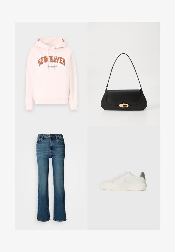 Svijetlo ružičasta dukserica s kapuljačom na vezanje. Sadrži natpis "NEW HAVEN" ispisan velikim narančastim slovima i "SPORTS CLUB" u manjim crnim slovima ispod.; Traperice viskog struka u plavoj boji, s ravnim nogavicama, blagim izbljeđivanjem, te standardnim dugmetom i zatvaračem.; Bijela tenisica od kože s glatkom teksturom, koja ima srebrni naglasak na peti, ravni đon i minimalistički dizajn.; Crna kožna torba s zakrivljenim dizajnom, zlatnim detaljima i gornjom drškom. Ima elegantno zatvaranje i glatku teksturu.