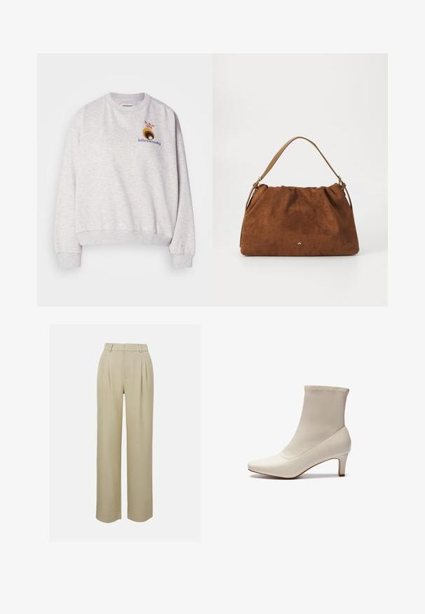 Hanorac gri deschis din material moale, cu guler rotund și manșete ribbate, având broderie florală pe piept.; Pantaloni bej cu picioare largi, confecționați dintr-un material neted, cu pliuri frontale, talie croită și buzunare laterale. Terminare curată a tivului.; Botine albe, din piele lucioasă, cu vârf ascuțit și toc scurt, conic. Au un design minimalist și un superior fără cusături.; Geantă din suede maro cu un design plisat, având o curea din piele bej și un detaliu subtil cu logo auriu în partea din față.