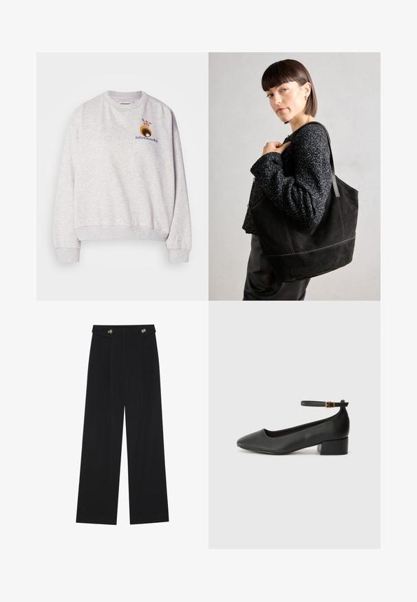 Világosszürke pulóver, puha anyagból készült, kerek nyakkivágással és bordázott mandzsettával, virágmotívumos hímzéssel a mellrészen.; Fekete, bő szárú nadrág magas derékkal, gombos részletekkel a derékrészen és elülső pliszékkal.; Fekete bőr magassarkú cipő hegyes orral és alacsony tömb sarkal. Bokapánttal rendelkezik, aranyszínű csattal. Simább textúra.; Fekete, velúr anyagú tote táska sima felülettel, strukturált formával és kontrasztos varrással. Hosszú pántjai lehetővé teszik a vállon való hordást.